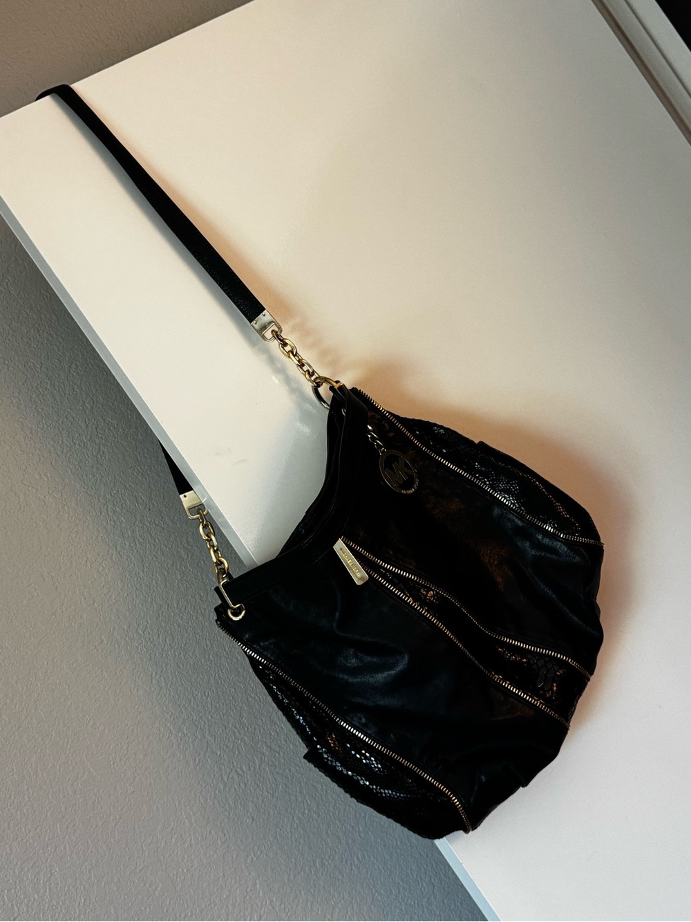 MK Newman Black Leather Python Embossed Shoulder Bag Hobo - 2 Straps *Pristine*